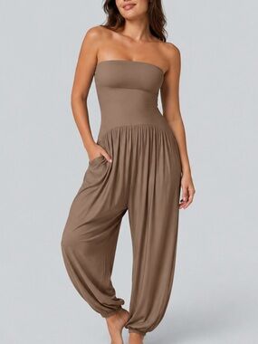 New HALARA Strapless Jumpsuit M Camel Brown Pockets One Piece Elastic Ankle NWT